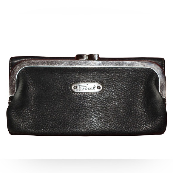 Fossil Handbags - FOSSIL Olivia Checkbook Frame Kiss Lock Closure Black Leather Clutch